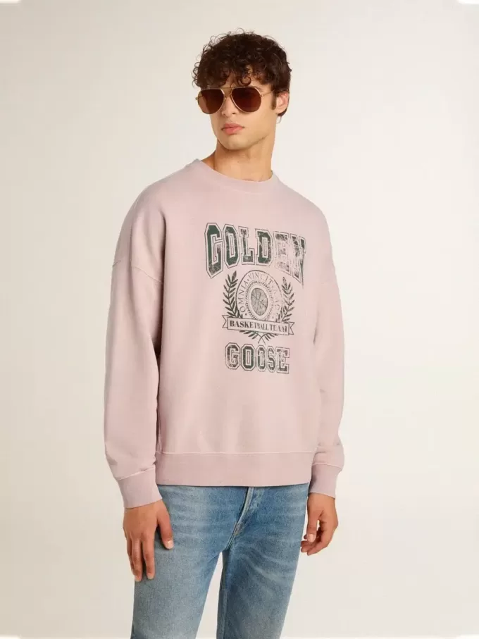 Hanorac unisex cu guler rotund, de culoare roz vechi, cu imprimeu verde cu logo