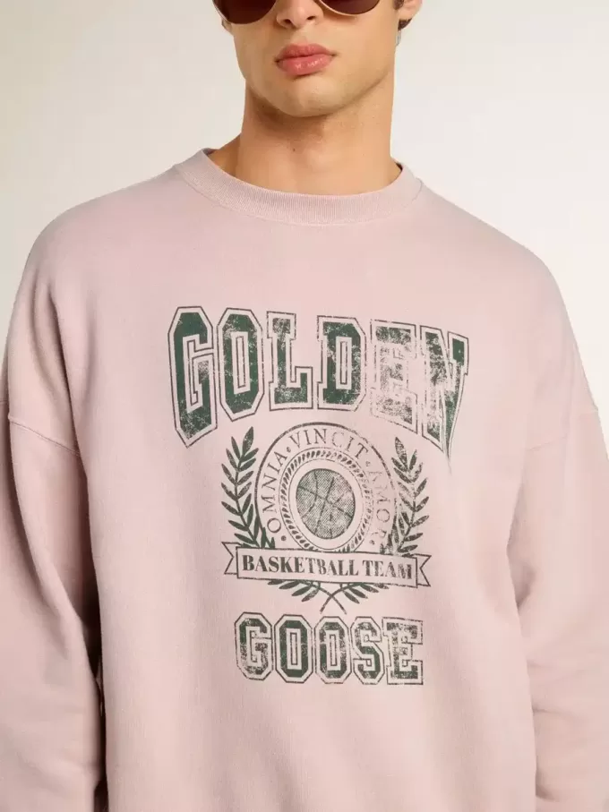 Hanorac unisex cu guler rotund, de culoare roz vechi, cu imprimeu verde cu logo