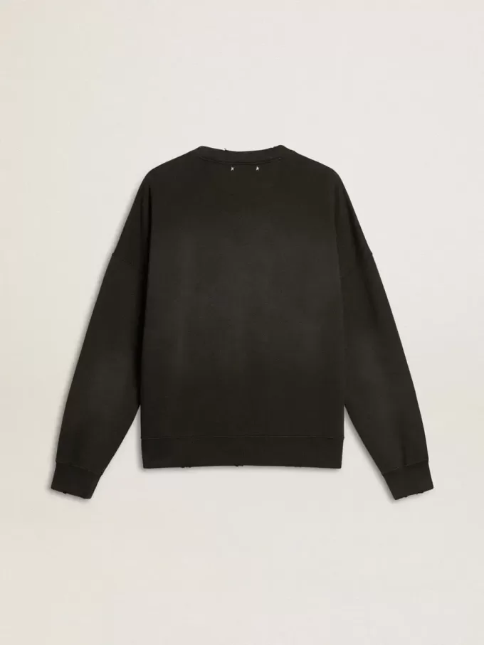 Hanorac unisex din bumbac negru uzat, cu logo brodat Hanorac unisex din bumbac negru uzat, cu logo brodat
