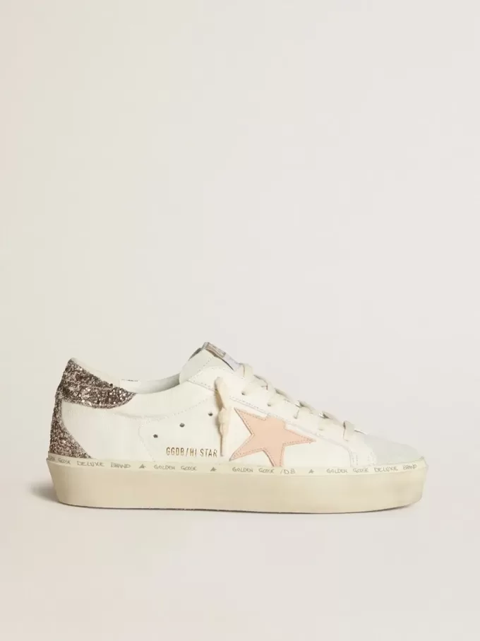 Hi Star din piele nappa albă cu stea din piele roz și talpă cu glitter Hi Star din piele nappa albă cu stea din piele roz și talpă cu glitter