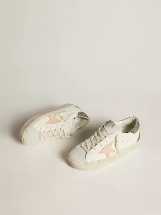 Hi Star din piele nappa albă cu stea din piele roz și talpă cu glitter Hi Star din piele nappa albă cu stea din piele roz și talpă cu glitter