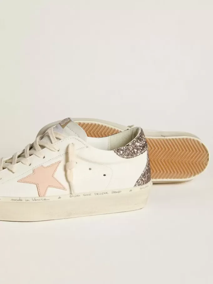Hi Star din piele nappa albă cu stea din piele roz și talpă cu glitter Hi Star din piele nappa albă cu stea din piele roz și talpă cu glitter