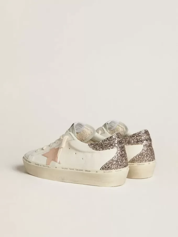 Hi Star din piele nappa albă cu stea din piele roz și talpă cu glitter Hi Star din piele nappa albă cu stea din piele roz și talpă cu glitter