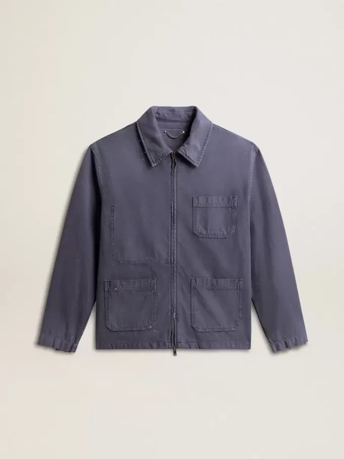 Jacheta albastră pentru bărbați din bumbac denim cu tratament distressat Jacheta albastră pentru bărbați din bumbac denim cu tratament distressat