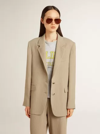Jacheta bej cu dungi fine, cu un singur rând de nasturi, pentru femei, cu croială oversized