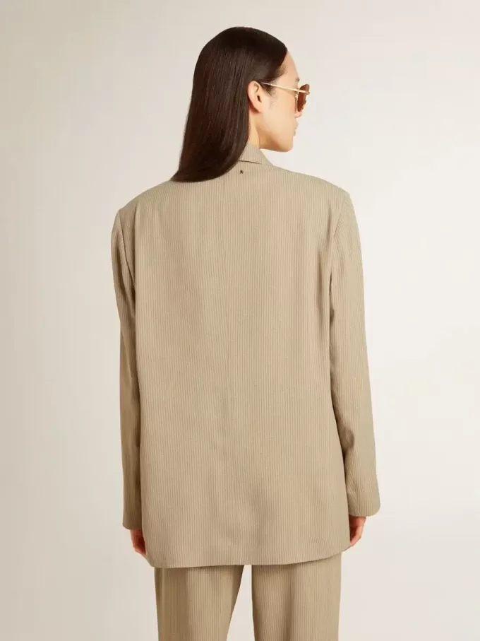 Jacheta bej cu dungi fine, cu un singur rând de nasturi, pentru femei, cu croială oversized