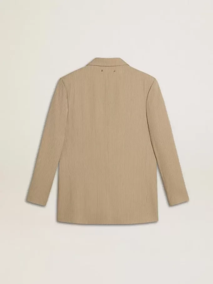 Jacheta bej cu dungi fine, cu un singur rând de nasturi, pentru femei, cu croială oversized