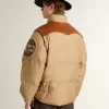 Jacheta bomber bej cu detalii din piele și patch-uri Jacheta bomber bej cu detalii din piele și patch-uri