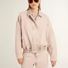 Jacheta bomber din denim vopsită în roz pentru femei Jacheta bomber din denim vopsită în roz pentru femei