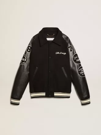 Jacheta bomber din lână neagră cu patch
