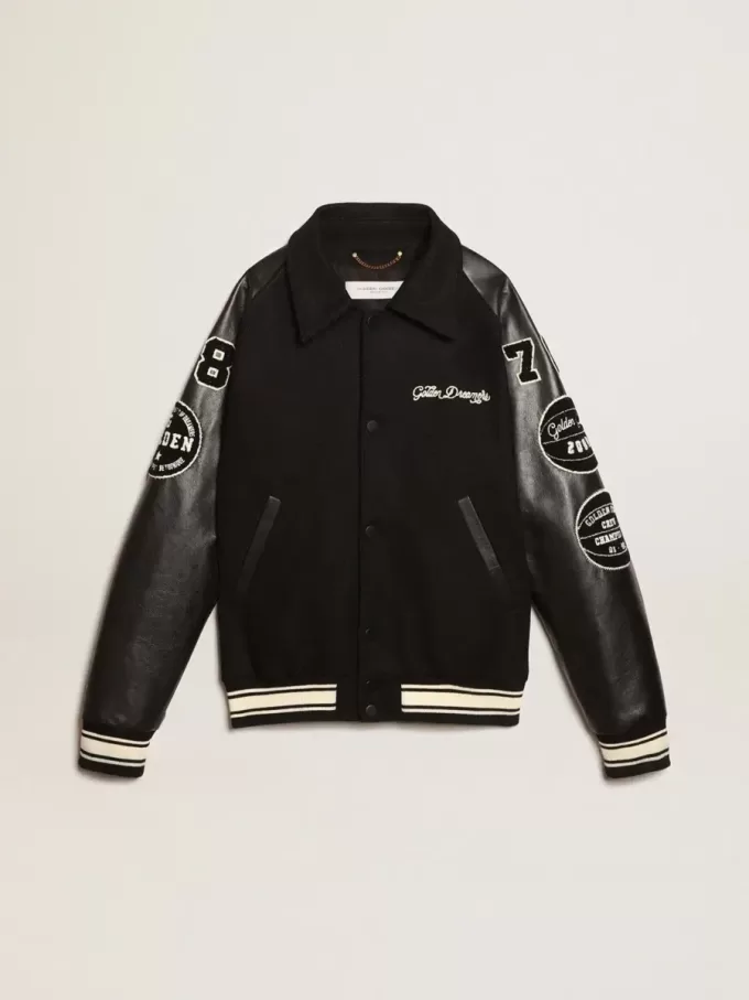 Jacheta bomber din lână neagră cu patch Jacheta bomber din lână neagră cu patch