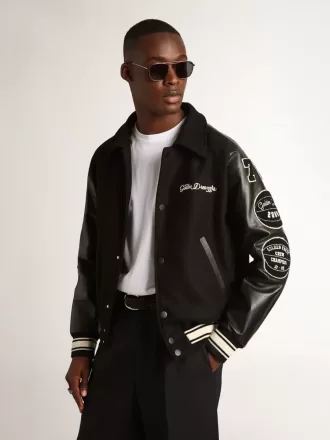 Jacheta bomber din lână neagră cu patch