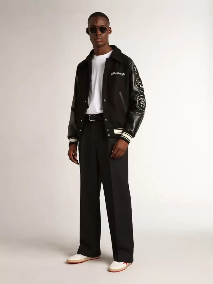Jacheta bomber din lână neagră cu patch Jacheta bomber din lână neagră cu patch