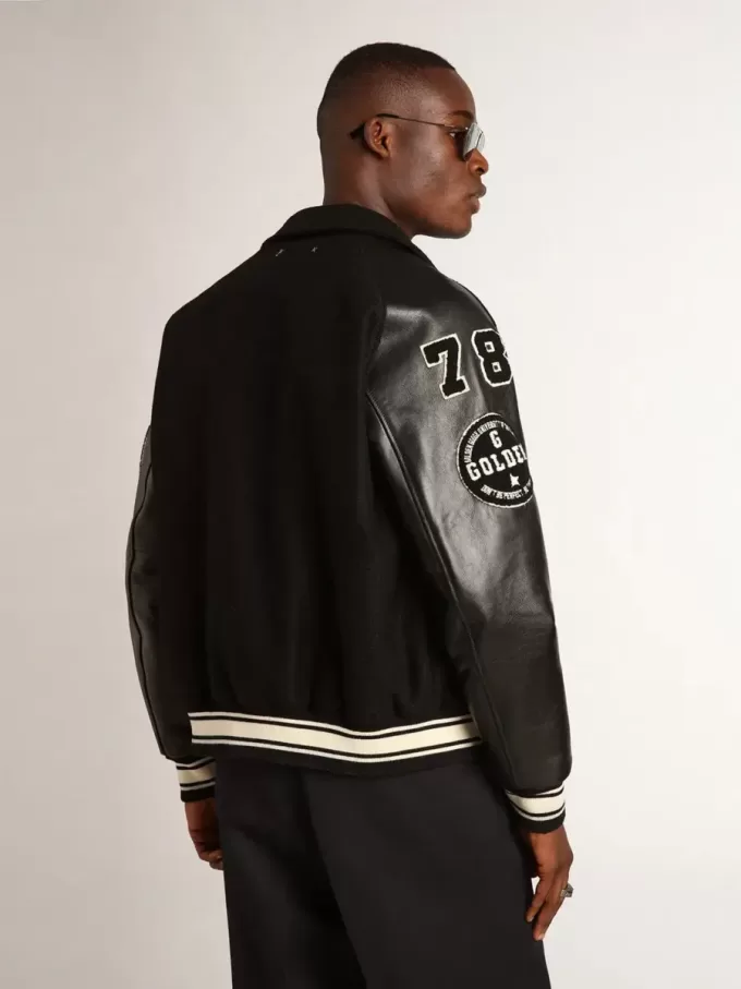 Jacheta bomber din lână neagră cu patch Jacheta bomber din lână neagră cu patch
