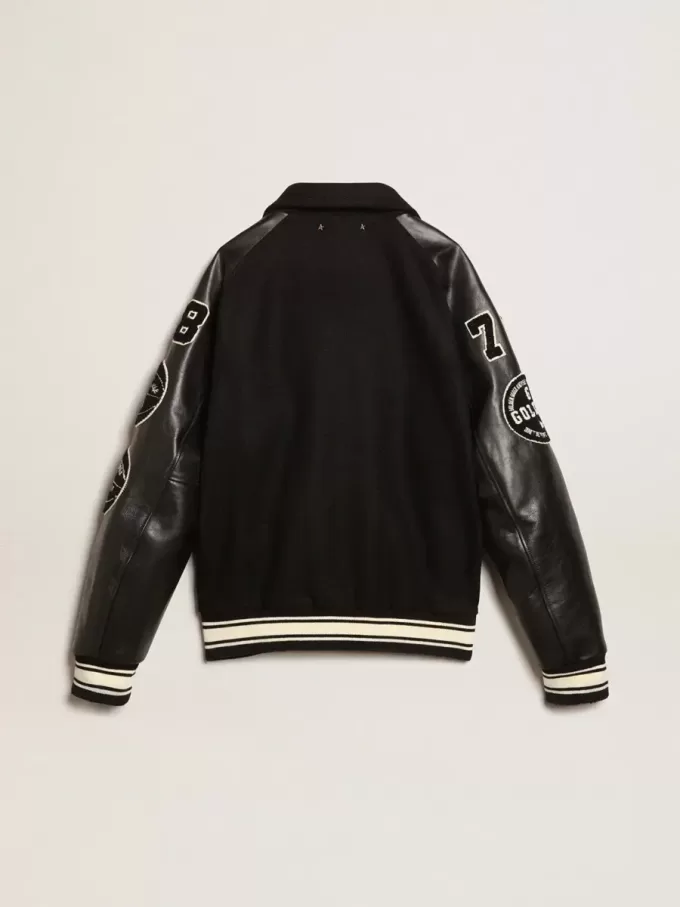 Jacheta bomber din lână neagră cu patch Jacheta bomber din lână neagră cu patch