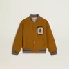 Jacheta bomber din lână pentru copii, de culoare galben ocru, cu patch
