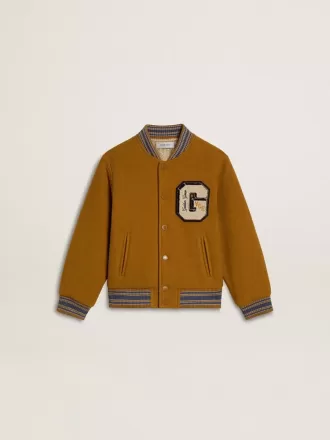 Jacheta bomber din lână pentru copii, de culoare galben ocru, cu patch