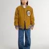 Jacheta bomber din lână pentru copii, de culoare galben ocru, cu patch