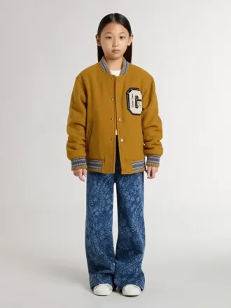 Jacheta bomber din lână pentru copii, de culoare galben ocru, cu patch