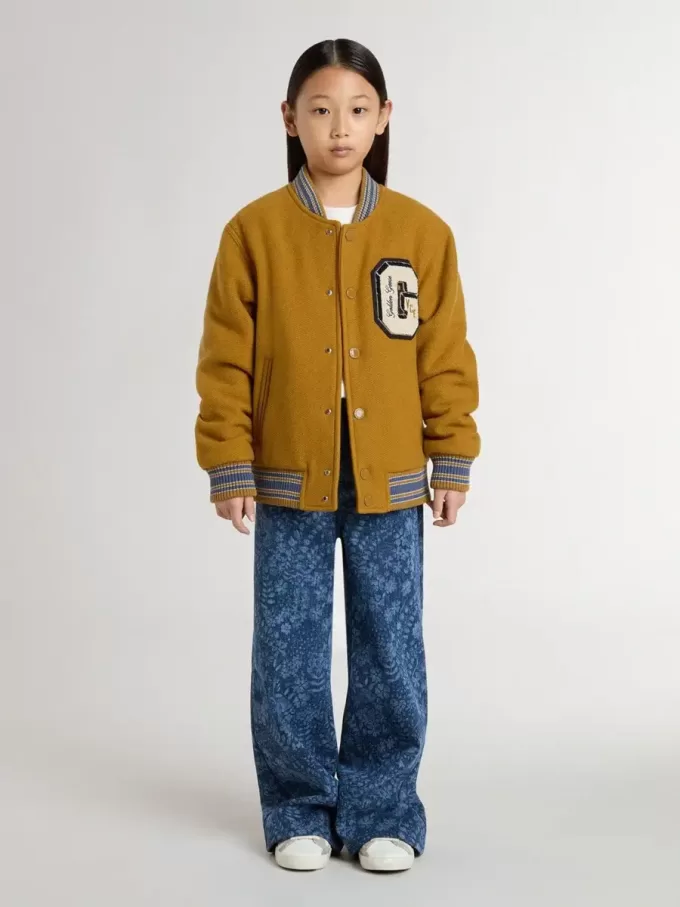 Jacheta bomber din lână pentru copii, de culoare galben ocru, cu patch