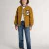 Jacheta bomber din lână pentru copii, de culoare galben ocru, cu patch