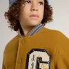 Jacheta bomber din lână pentru copii, de culoare galben ocru, cu patch