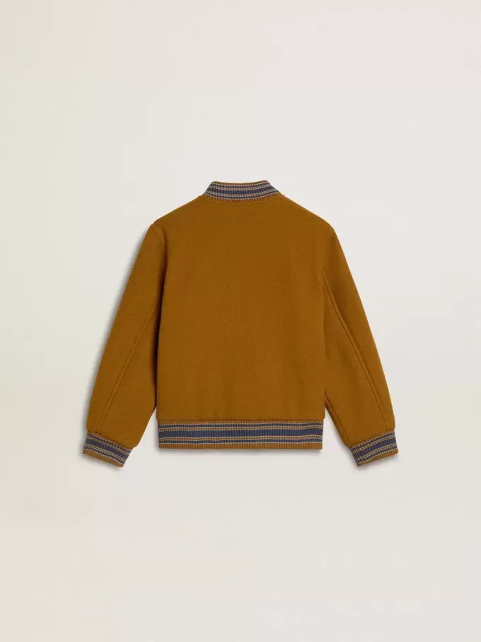 Jacheta bomber din lână pentru copii, de culoare galben ocru, cu patch