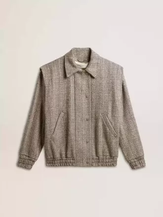 Jacheta bomber pentru femei din lână ecru maro cu model în zig-zag