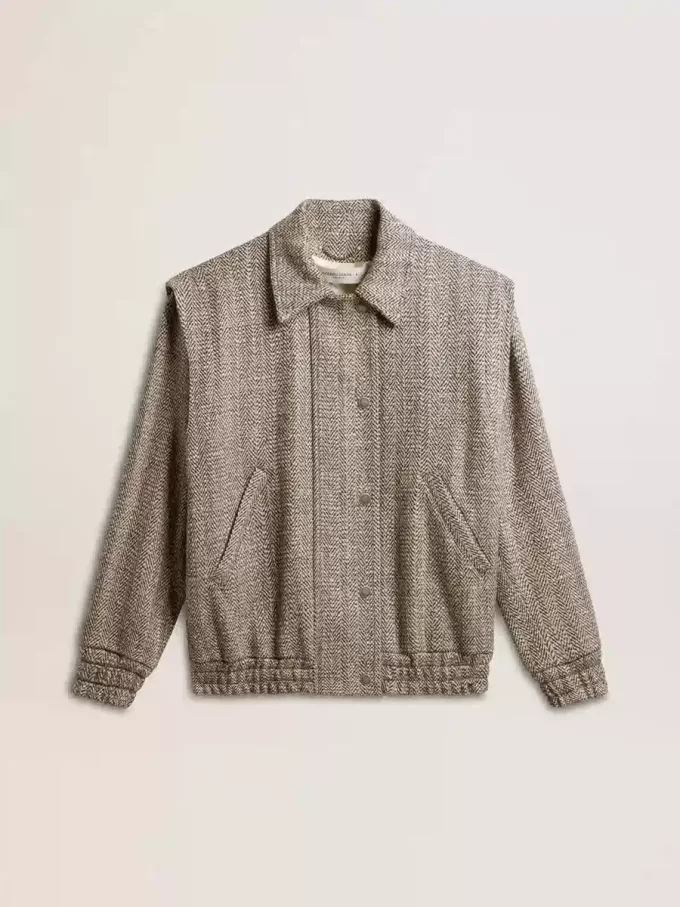 Jacheta bomber pentru femei din lână ecru maro cu model în zig-zag Jacheta bomber pentru femei din lână ecru maro cu model în zig-zag