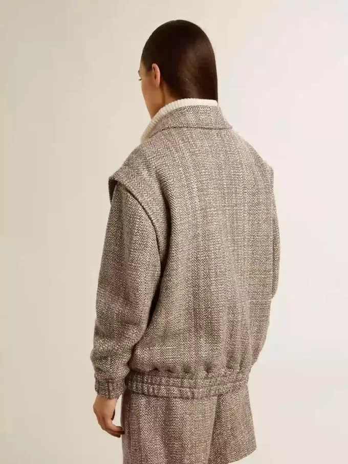 Jacheta bomber pentru femei din lână ecru maro cu model în zig-zag Jacheta bomber pentru femei din lână ecru maro cu model în zig-zag