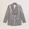 Jacheta boyfriend din lână cu două rânduri de nasturi, cu model micro houndstooth și paiete