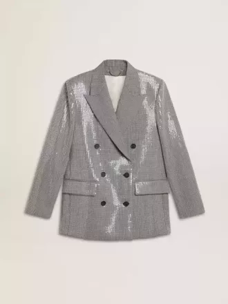 Jacheta boyfriend din lână cu două rânduri de nasturi, cu model micro houndstooth și paiete