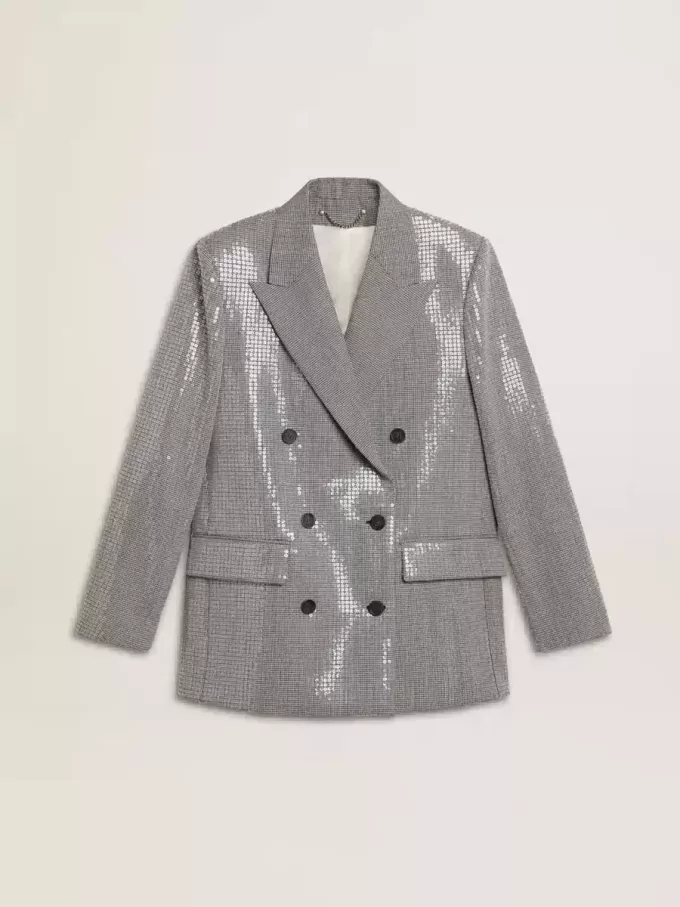 Jacheta boyfriend din lână cu două rânduri de nasturi, cu model micro houndstooth și paiete