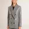 Jacheta boyfriend din lână cu două rânduri de nasturi, cu model micro houndstooth și paiete