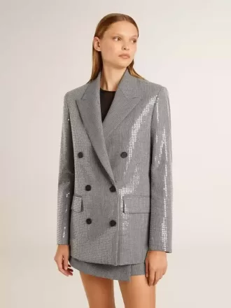 Jacheta boyfriend din lână cu două rânduri de nasturi, cu model micro houndstooth și paiete