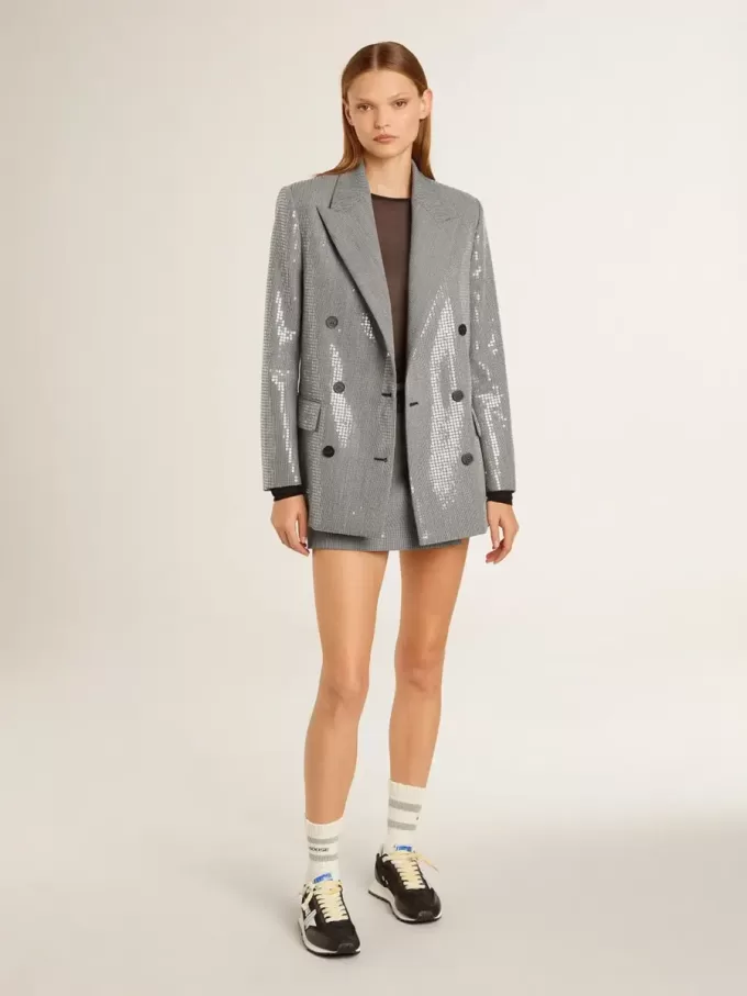Jacheta boyfriend din lână cu două rânduri de nasturi, cu model micro houndstooth și paiete