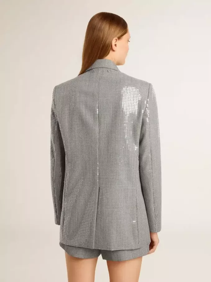 Jacheta boyfriend din lână cu două rânduri de nasturi, cu model micro houndstooth și paiete