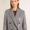 Jacheta boyfriend din lână cu două rânduri de nasturi, cu model micro houndstooth și paiete