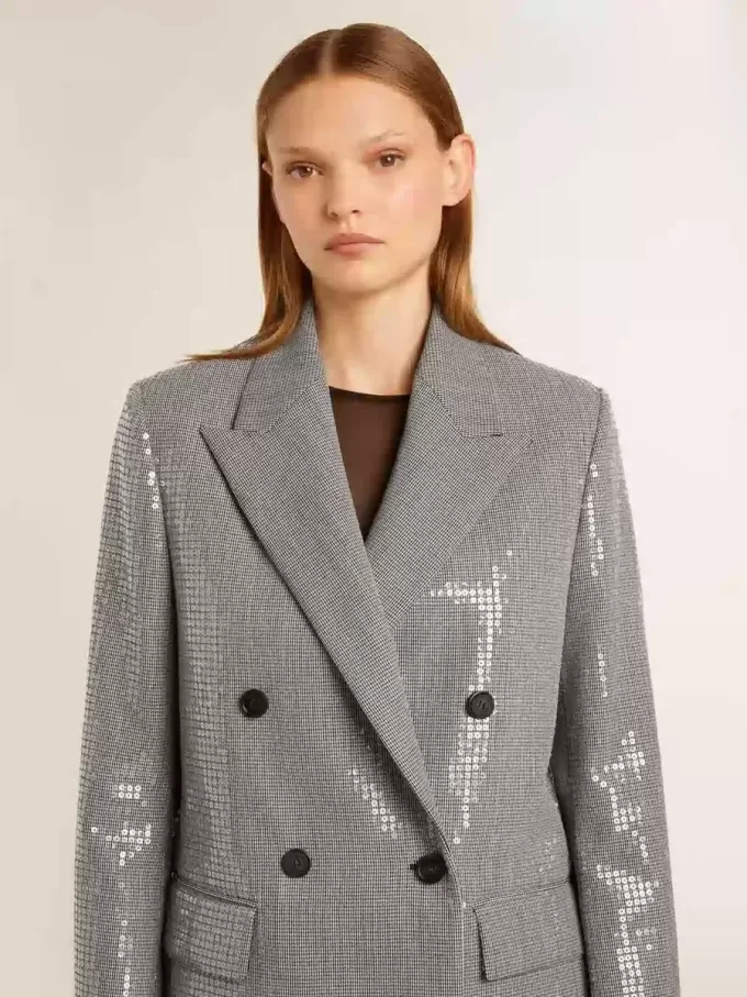 Jacheta boyfriend din lână cu două rânduri de nasturi, cu model micro houndstooth și paiete