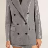 Jacheta boyfriend din lână cu două rânduri de nasturi, cu model micro houndstooth și paiete