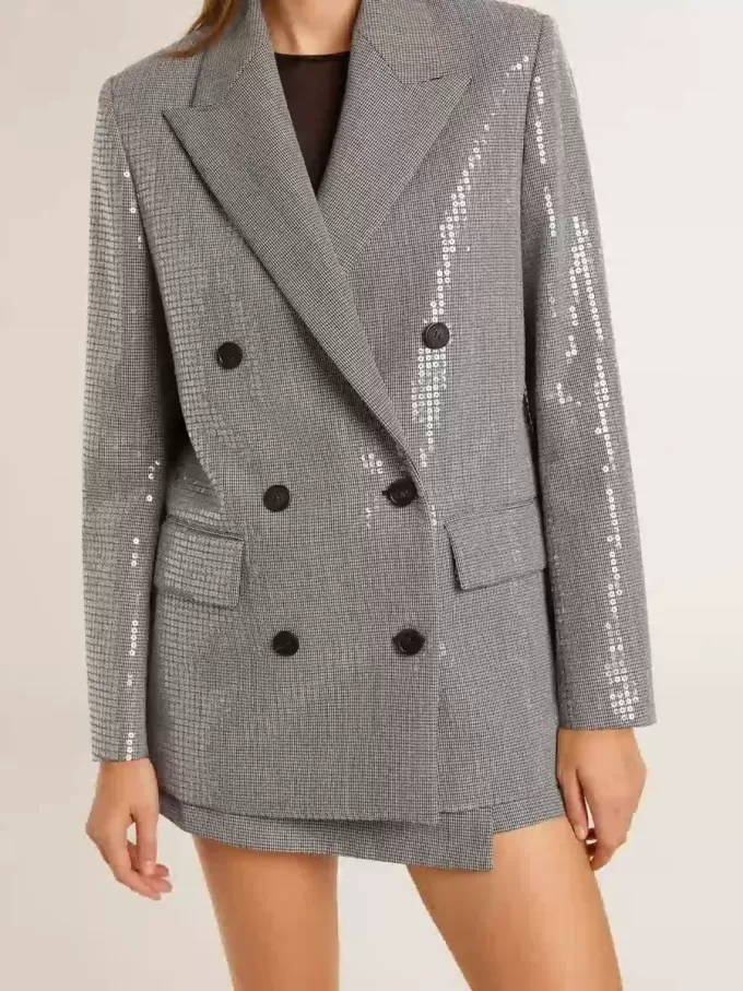 Jacheta boyfriend din lână cu două rânduri de nasturi, cu model micro houndstooth și paiete