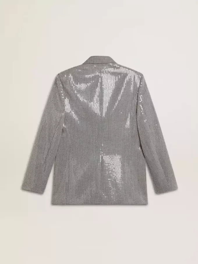 Jacheta boyfriend din lână cu două rânduri de nasturi, cu model micro houndstooth și paiete
