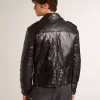 Jacheta de motociclist din piele neagră pentru bărbați, cu efect lucios Jacheta de motociclist din piele neagră pentru bărbați, cu efect lucios