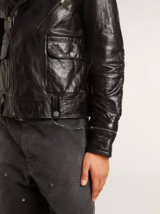 Jacheta de motociclist din piele neagră pentru bărbați, cu efect lucios Jacheta de motociclist din piele neagră pentru bărbați, cu efect lucios