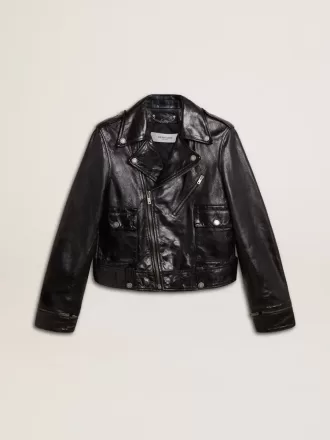 Jacheta de motociclistă din piele neagră pentru femei, cu efect lucios
