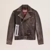 Jacheta de motociclist din piele pentru bărbați, cu ținte ciocănite și bandă adezivă Jacheta de motociclist din piele pentru bărbați, cu ținte ciocănite și bandă adezivă