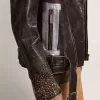 Jacheta de motociclist din piele pentru bărbați, cu ținte ciocănite și bandă adezivă Jacheta de motociclist din piele pentru bărbați, cu ținte ciocănite și bandă adezivă