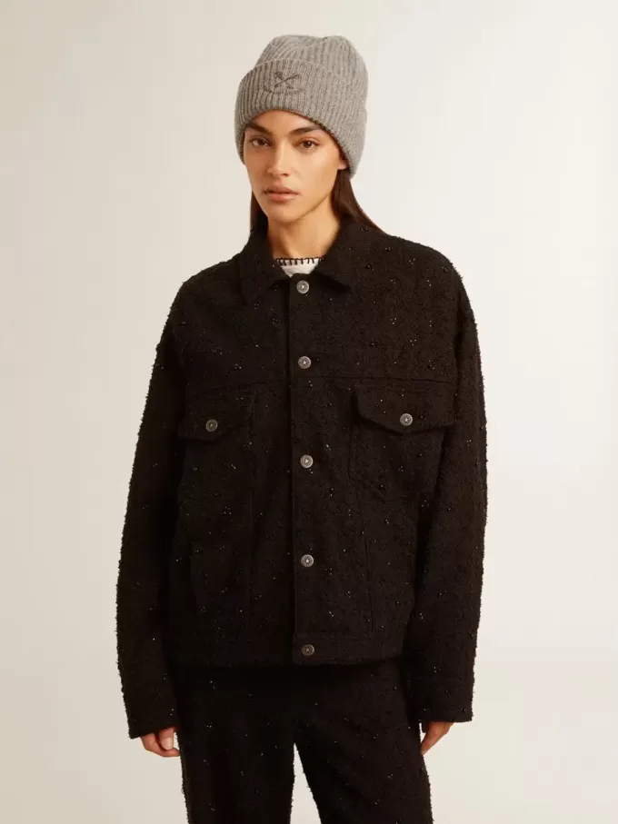 Jacheta din denim negru pentru femei, cu broderie Jacheta din denim negru pentru femei, cu broderie