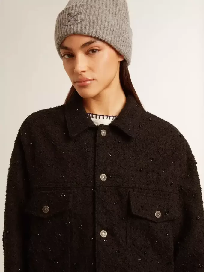 Jacheta din denim negru pentru femei, cu broderie Jacheta din denim negru pentru femei, cu broderie