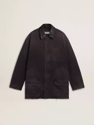 Jacheta din denim pentru bărbați, cu detalii uzate și guler din piele